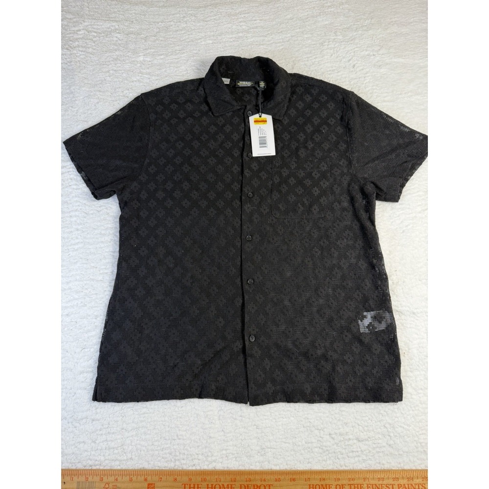 WeSC Camper Mesh Shirt Mens M Black Sheer Open Knit Geometric Button Up NWT